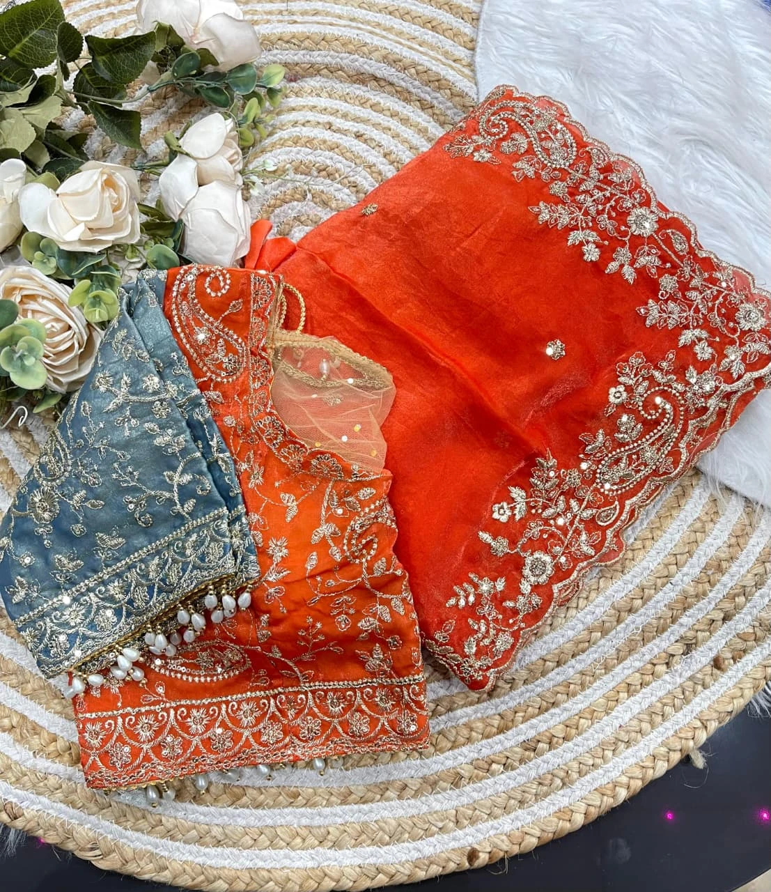 Fandy Two-Tone Blue & Orange Padding Saree