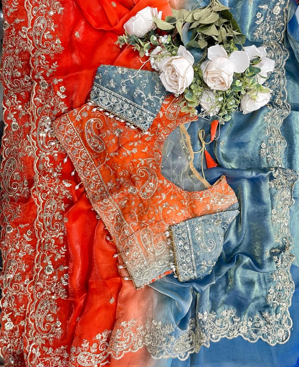 Fandy Two-Tone Blue & Orange Padding Saree