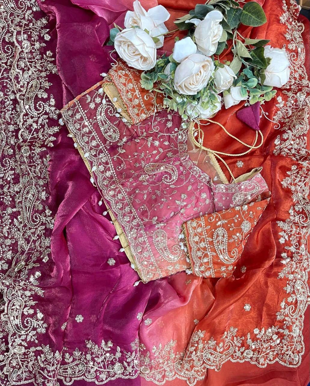 Fandy Two-Tone Orange & Magenta Embellished Padding Saree