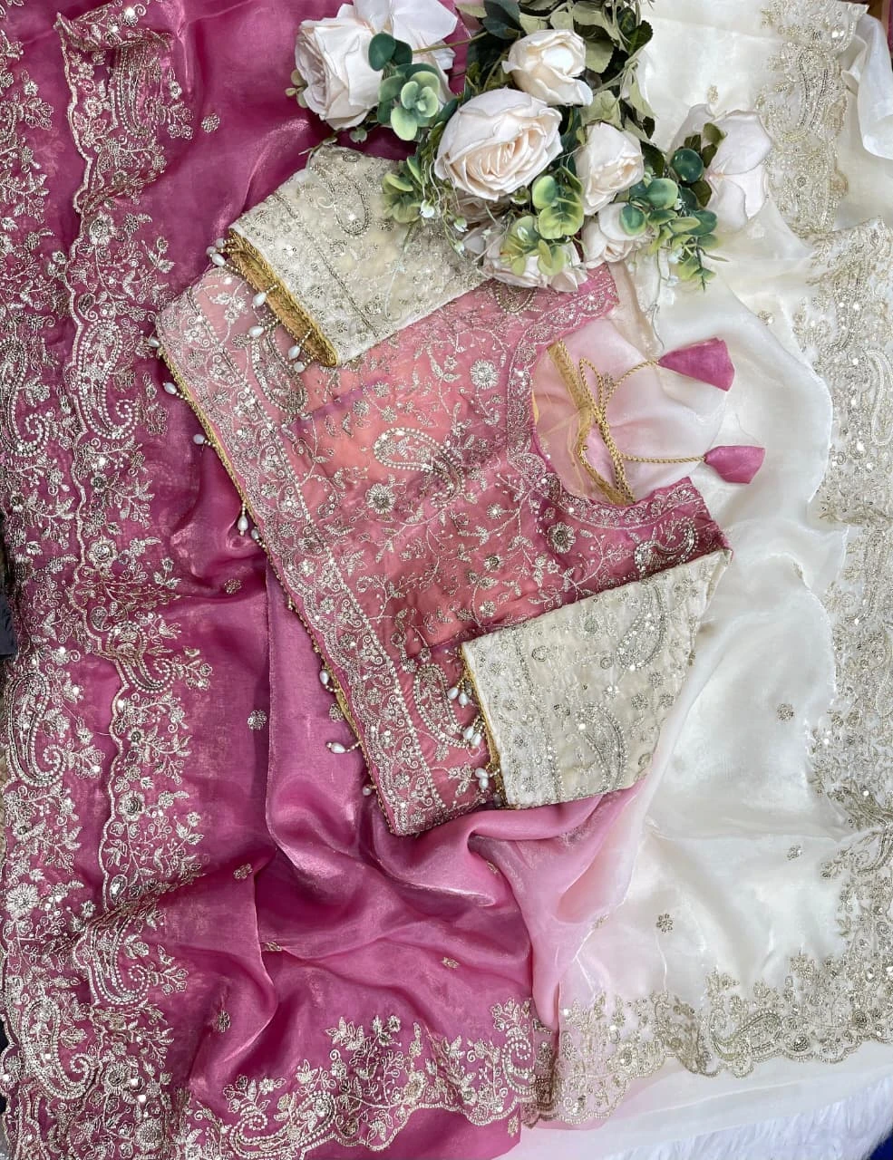 Fandy Two-Tone Pink & White Embellished Padding Saree