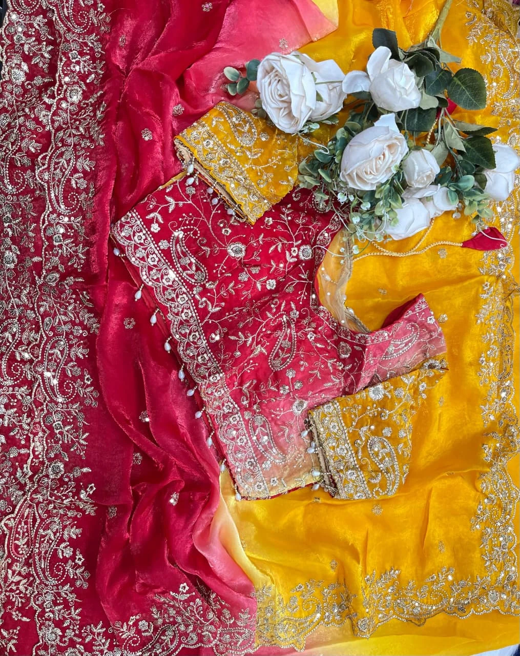 Fandy Two-Tone Red & Yellow Embellished Padding Saree