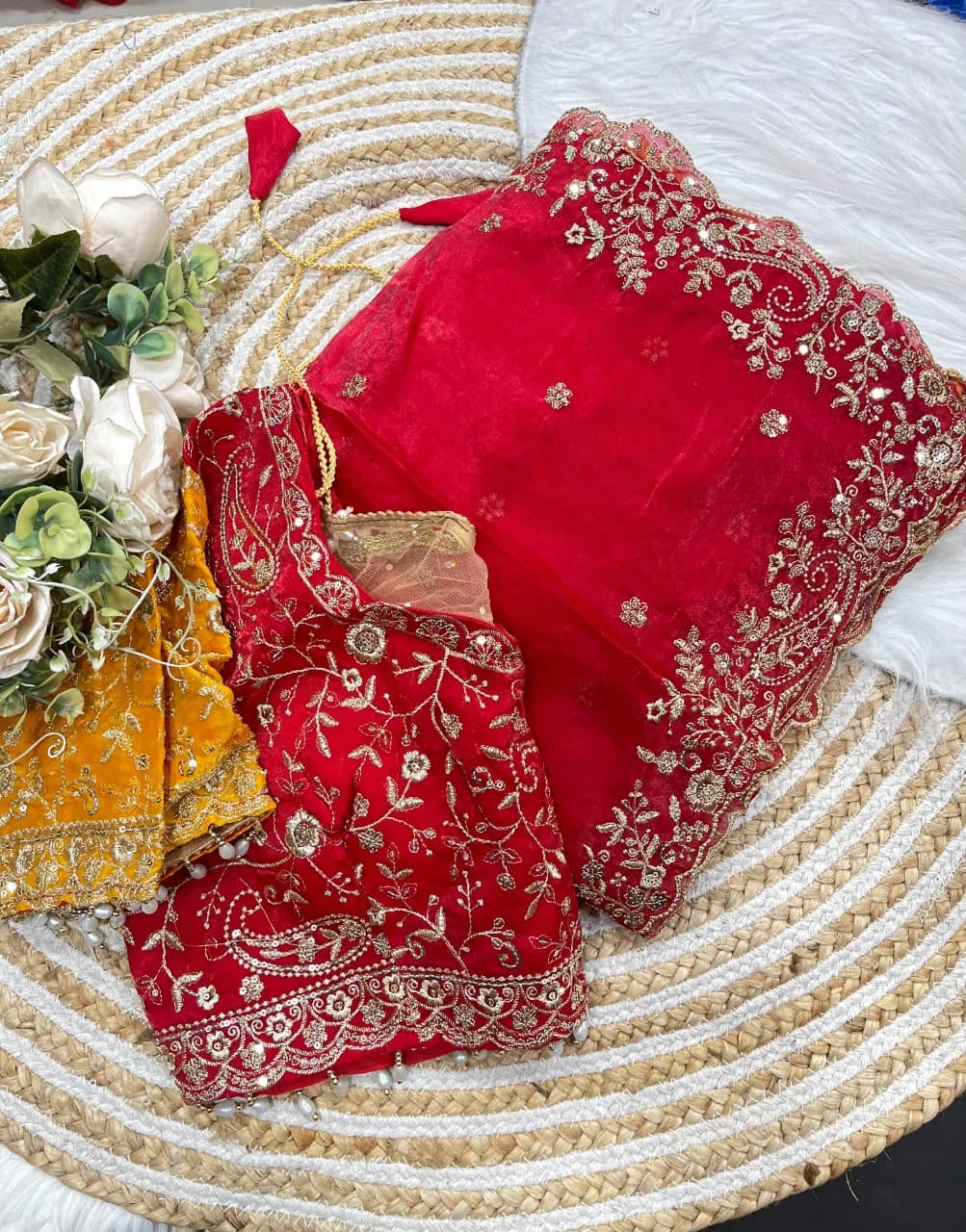 Fandy Two-Tone Red & Yellow Embellished Padding Saree