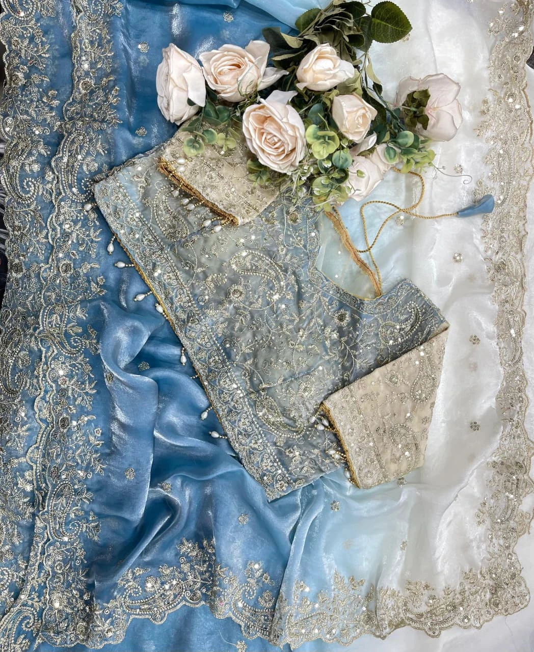 Fandy Two-Tone Ice Blue & White Padding Saree