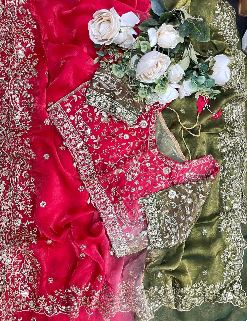 Fandy Two-Tone Pink & Olive Green Padding Saree