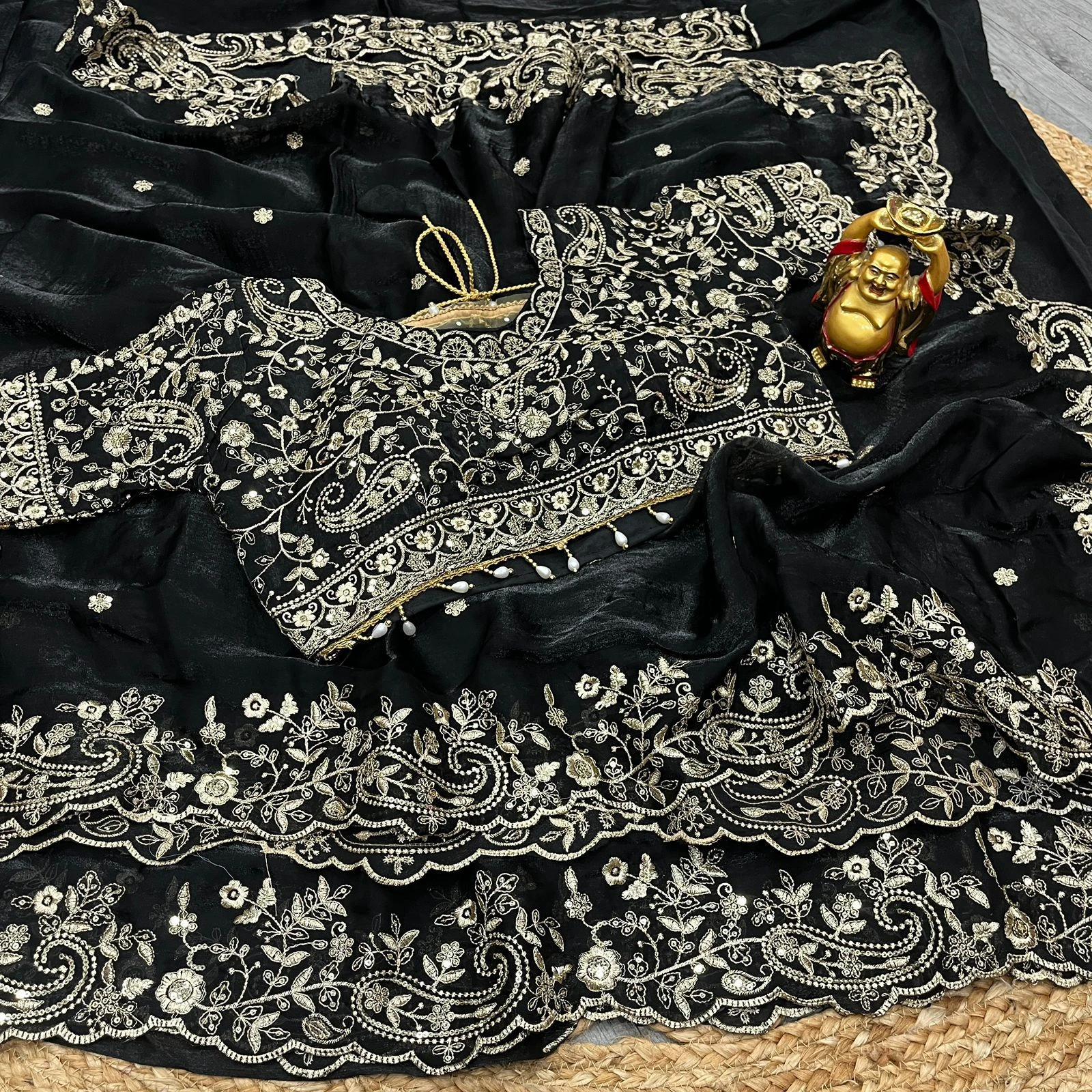 Rust Orange & Wine Fandy Embroidered Saree with Ready-Stitched Blouse