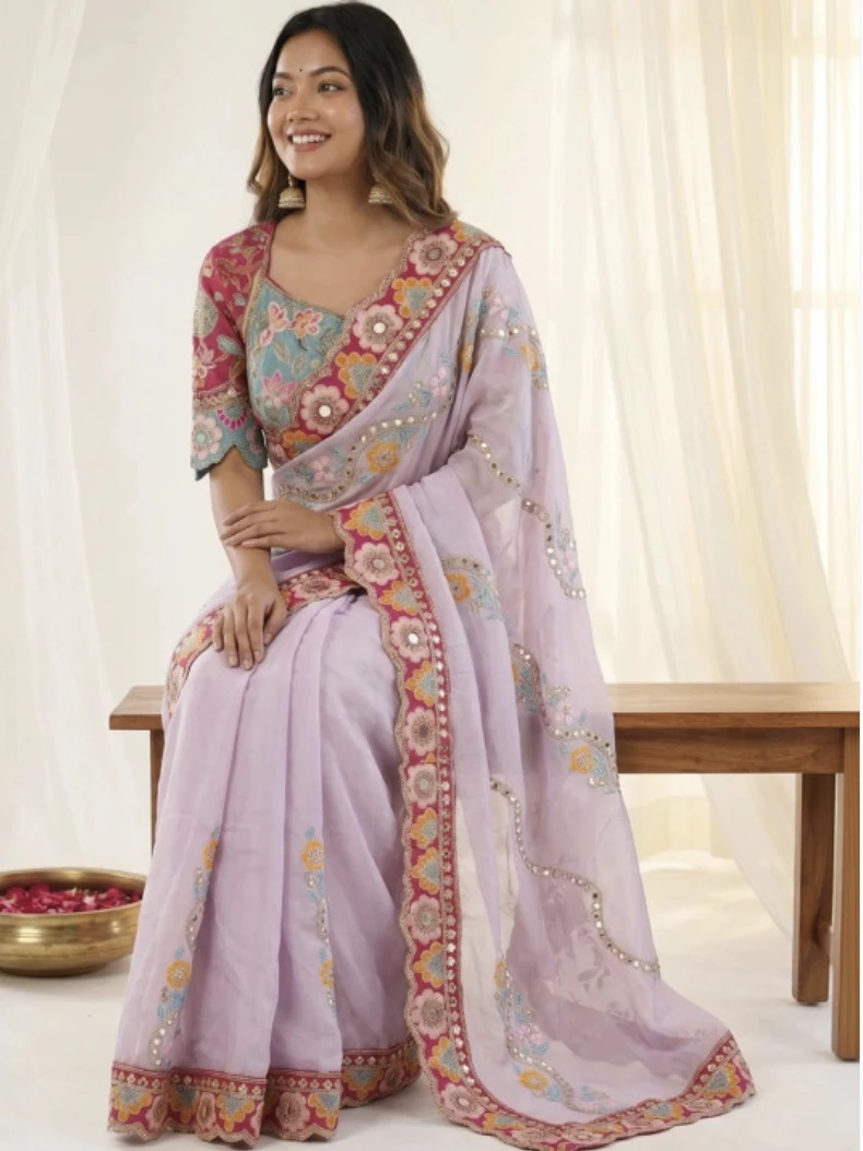Designer Embroidered Bollywood Silk Blend Saree (Lavender)