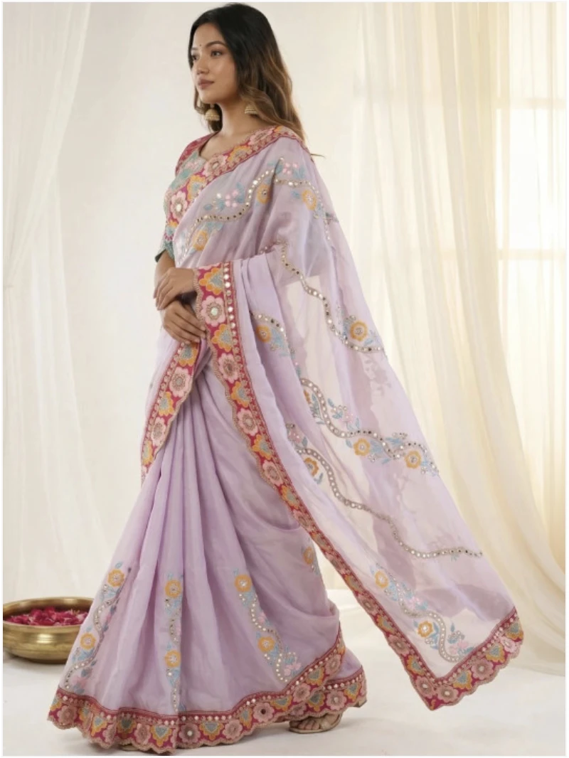 Designer Embroidered Bollywood Silk Blend Saree (Lavender)