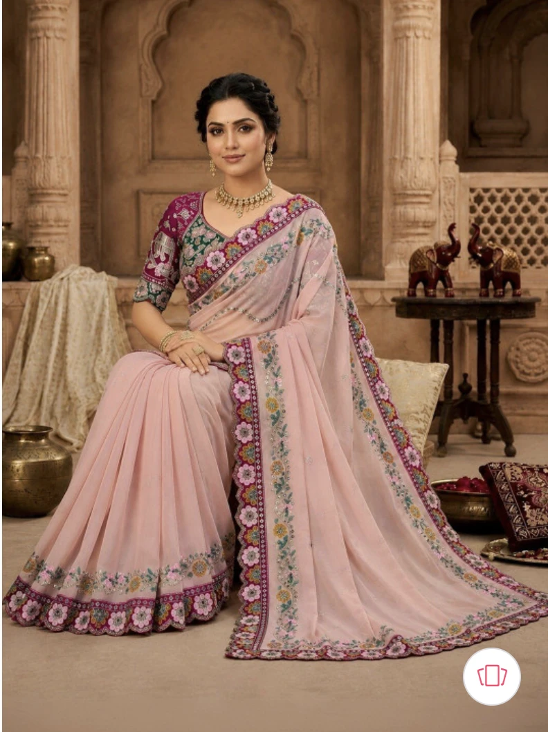 Designer Embroidered Bollywood Silk Blend Saree (Pink)