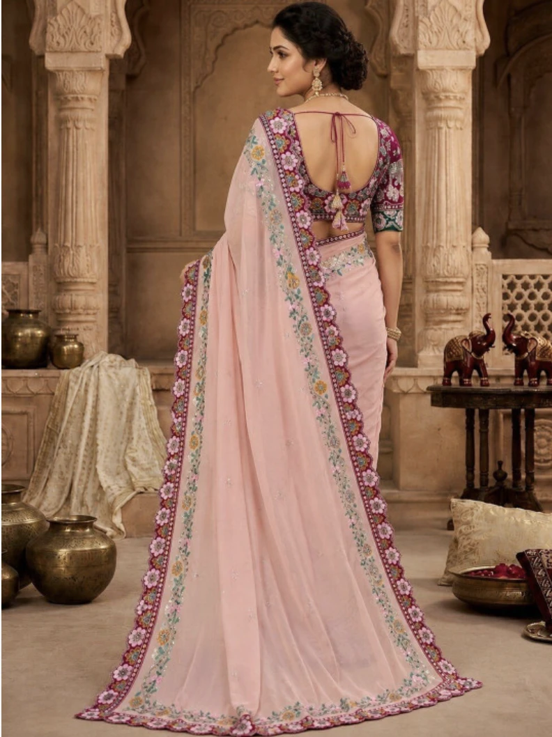 Designer Embroidered Bollywood Silk Blend Saree (Pink)