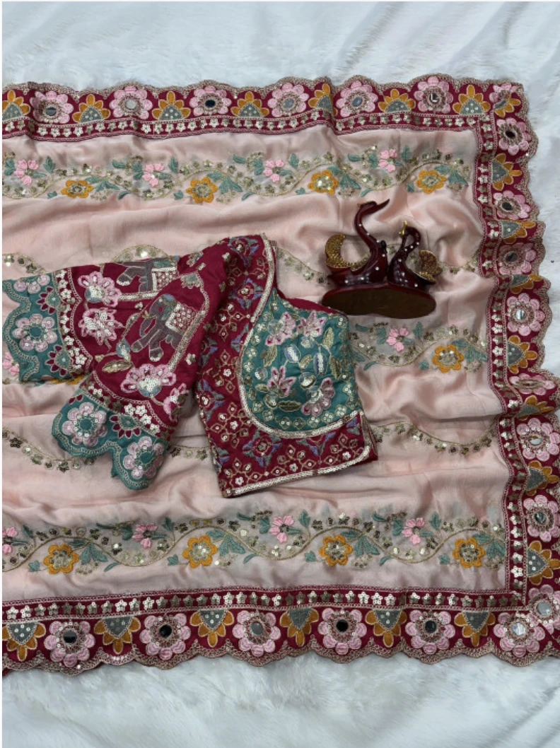 Designer Embroidered Bollywood Silk Blend Saree (Pink)