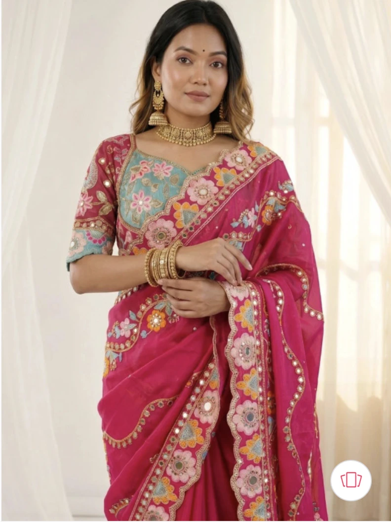 Designer Embroidered Bollywood Silk Blend Saree (Rani)