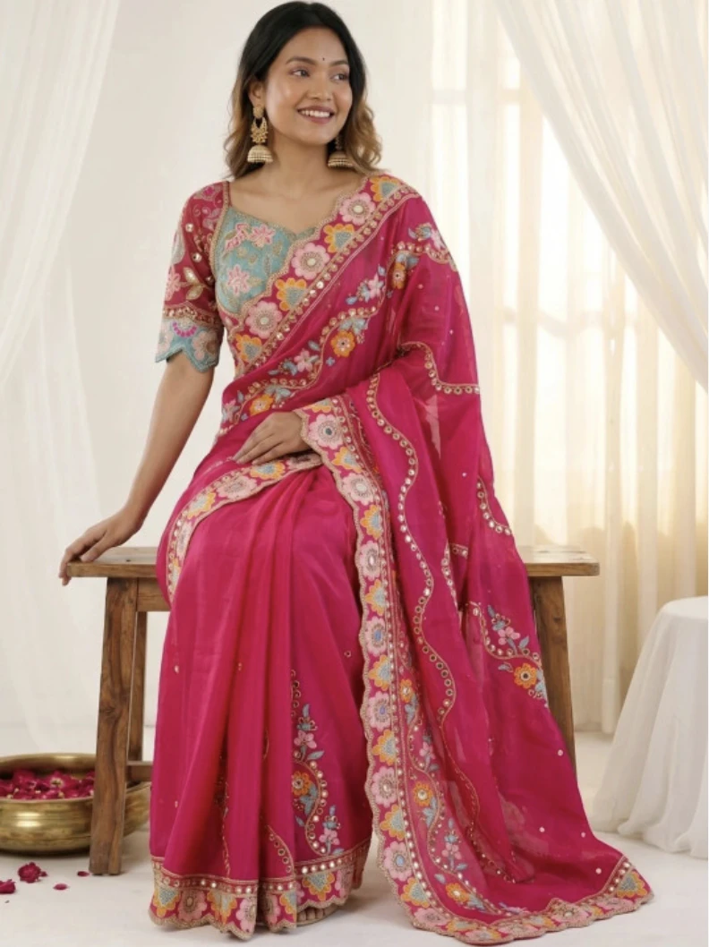 Designer Embroidered Bollywood Silk Blend Saree (Rani)