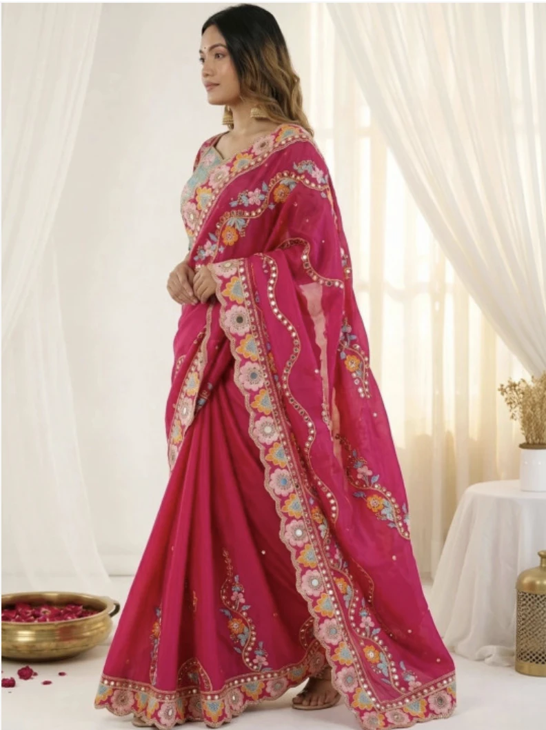 Designer Embroidered Bollywood Silk Blend Saree (Rani)