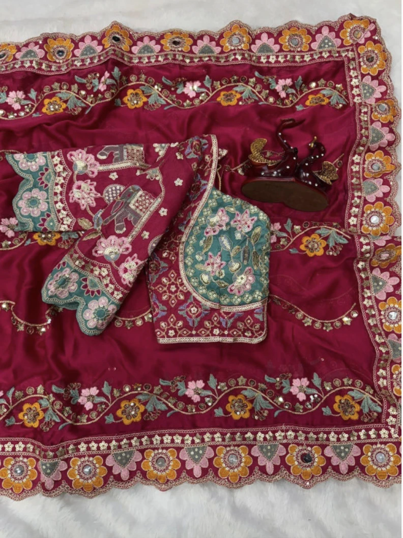 Designer Embroidered Bollywood Silk Blend Saree (Rani)