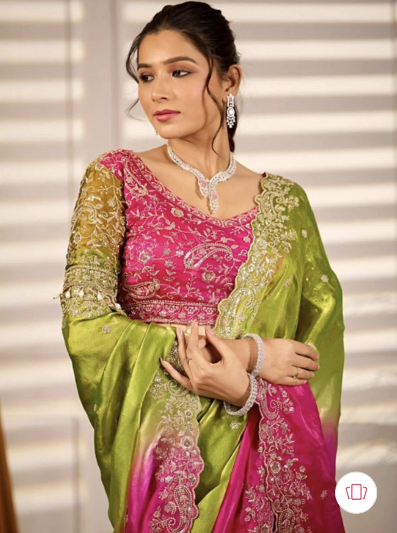 Fandy Two-Tone Green & Magenta Embellished Padding Saree