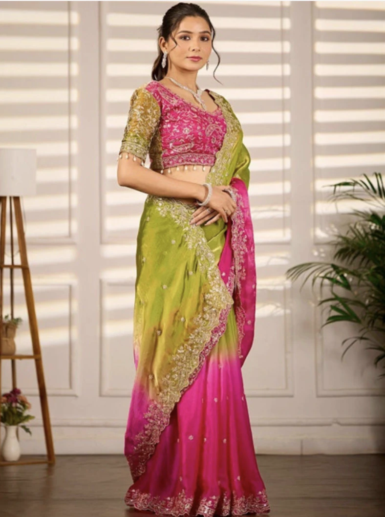 Fandy Two-Tone Green & Magenta Embellished Padding Saree