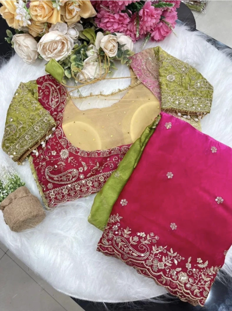 Fandy Two-Tone Green & Magenta Embellished Padding Saree