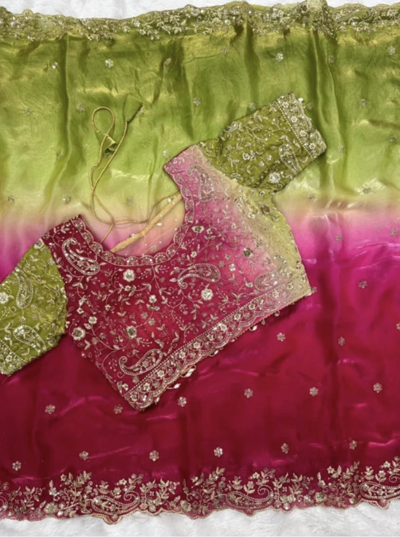 Fandy Two-Tone Green & Magenta Embellished Padding Saree