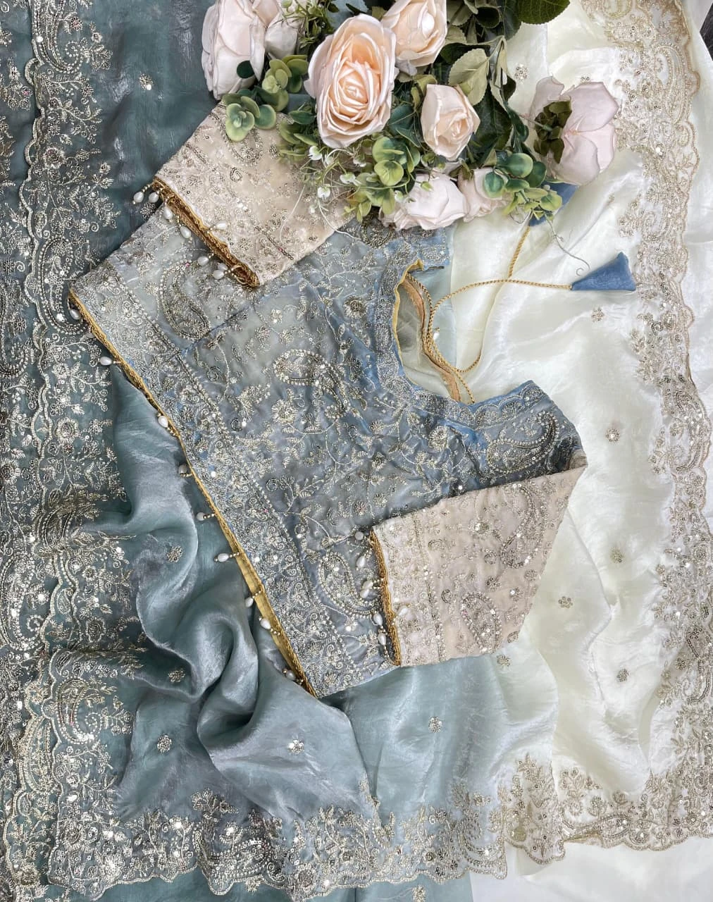Fandy Two-Tone Grey & White Embellished Padding Saree
