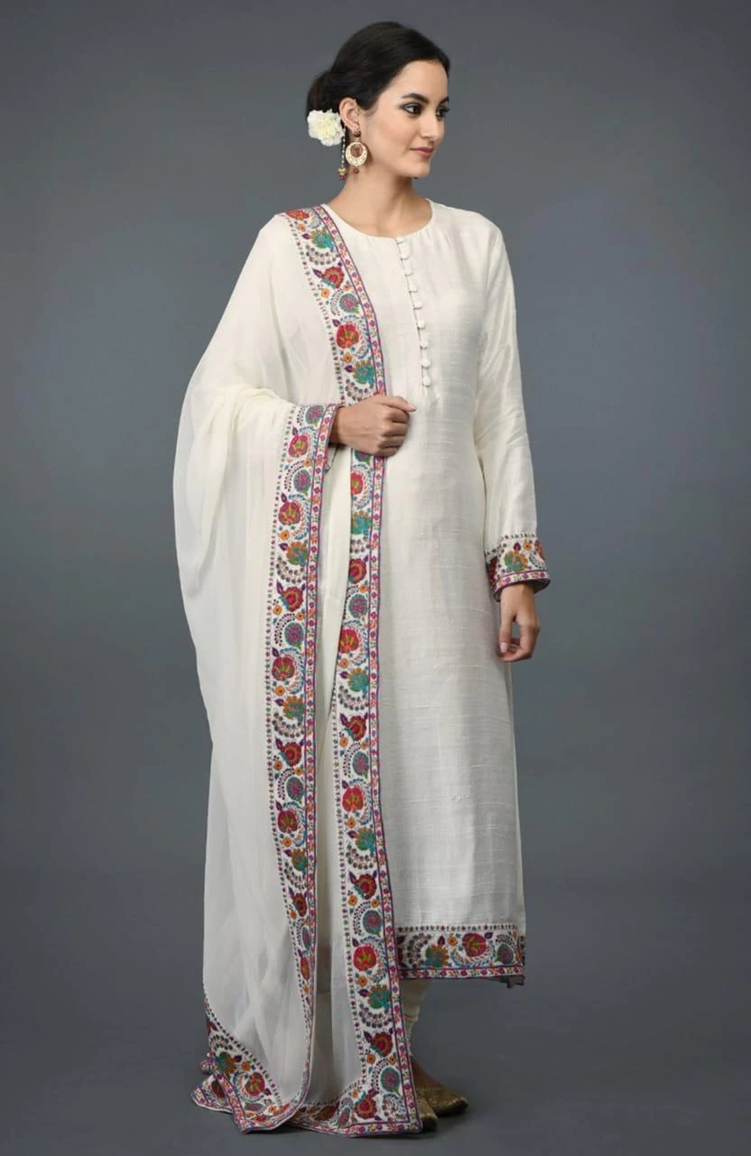 Ivory White Floral Thread Work Kurta Churidar Set with Embroidered Dupatta