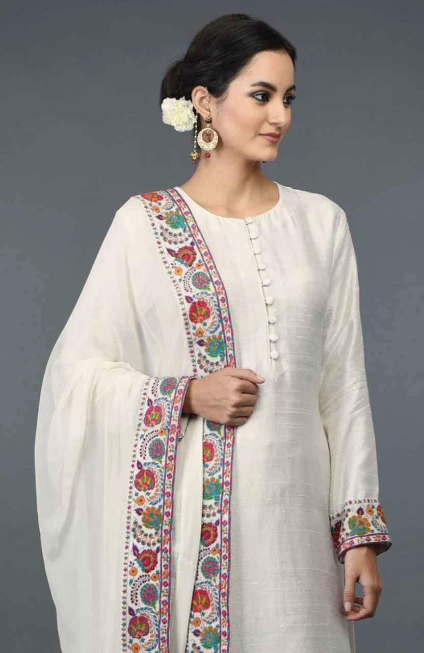 Ivory White Floral Thread Work Kurta Churidar Set with Embroidered Dupatta