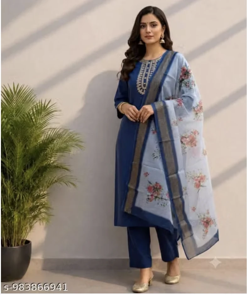 Blue Rayon Embroidered Kurta Set