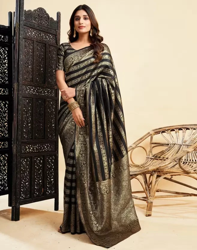 Women's Black Banarasi Silk Saree with Rich Gold Zari Weaving