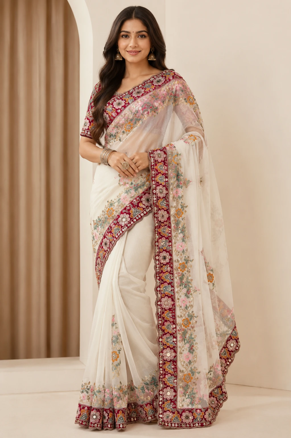 Designer Embroidered Bollywood Silk Blend Saree (White)