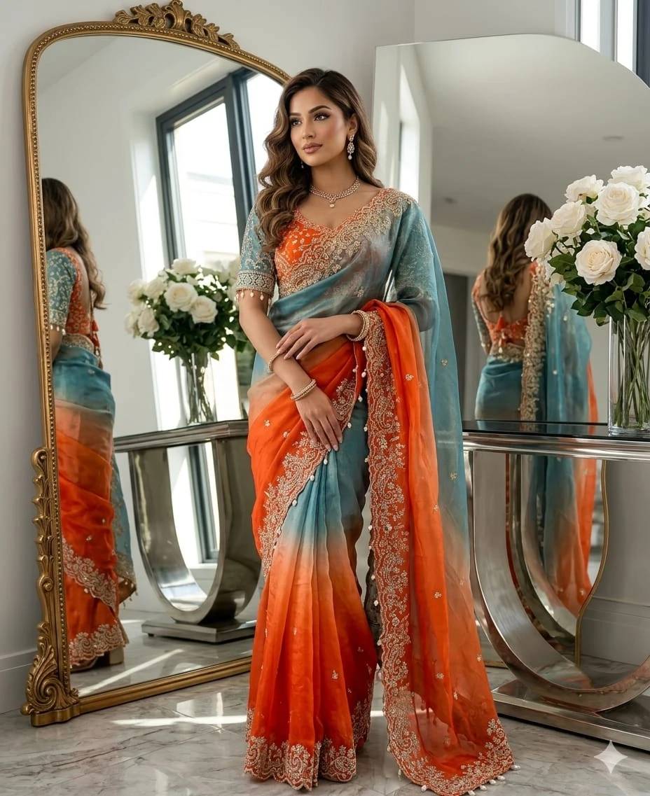 Fandy Two-Tone Blue & Orange Padding Saree