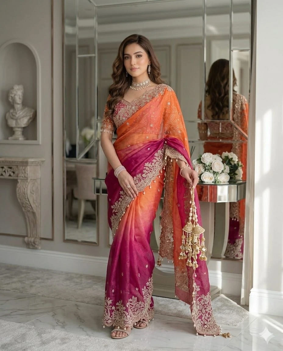 Fandy Two-Tone Orange & Magenta Embellished Padding Saree