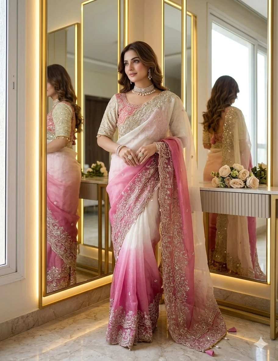 Fandy Two-Tone Pink & White Embellished Padding Saree