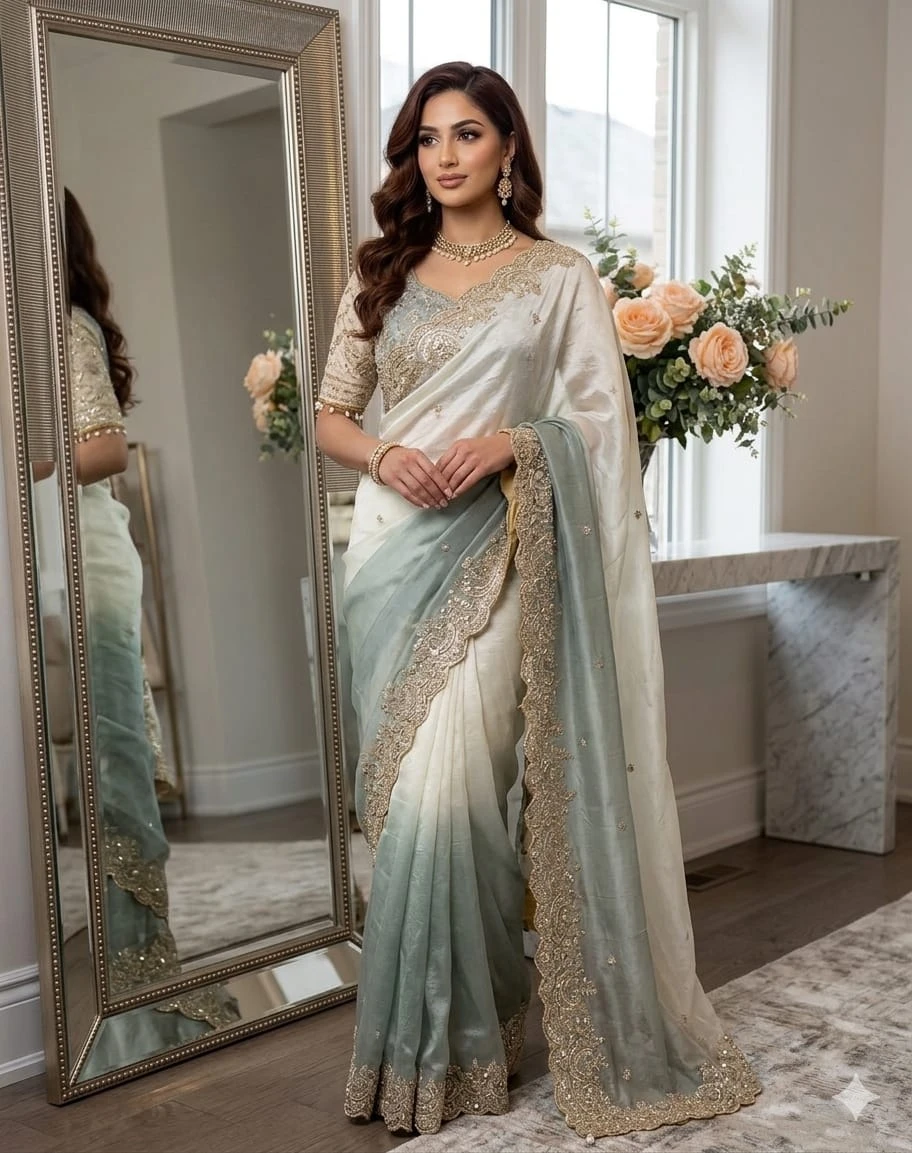 Fandy Two-Tone Grey & White Embellished Padding Saree