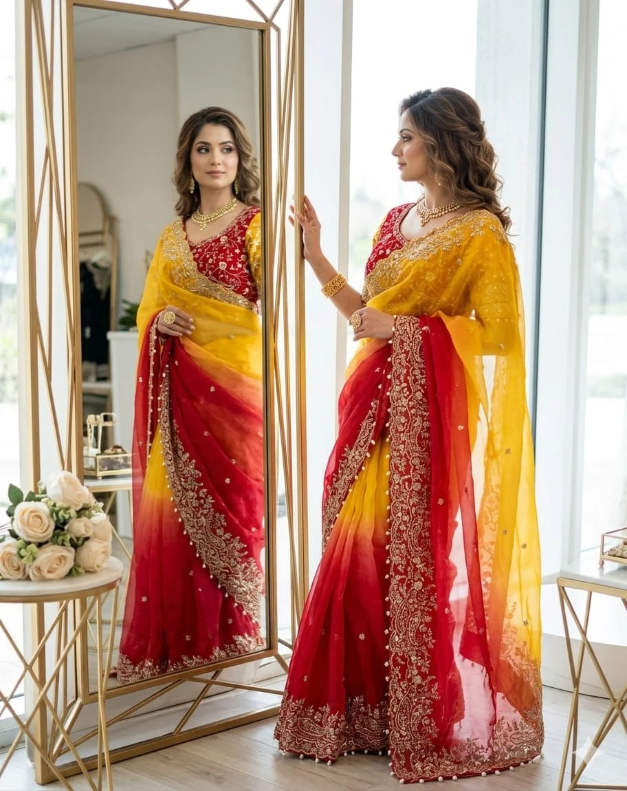 Fandy Two-Tone Red & Yellow Embellished Padding Saree