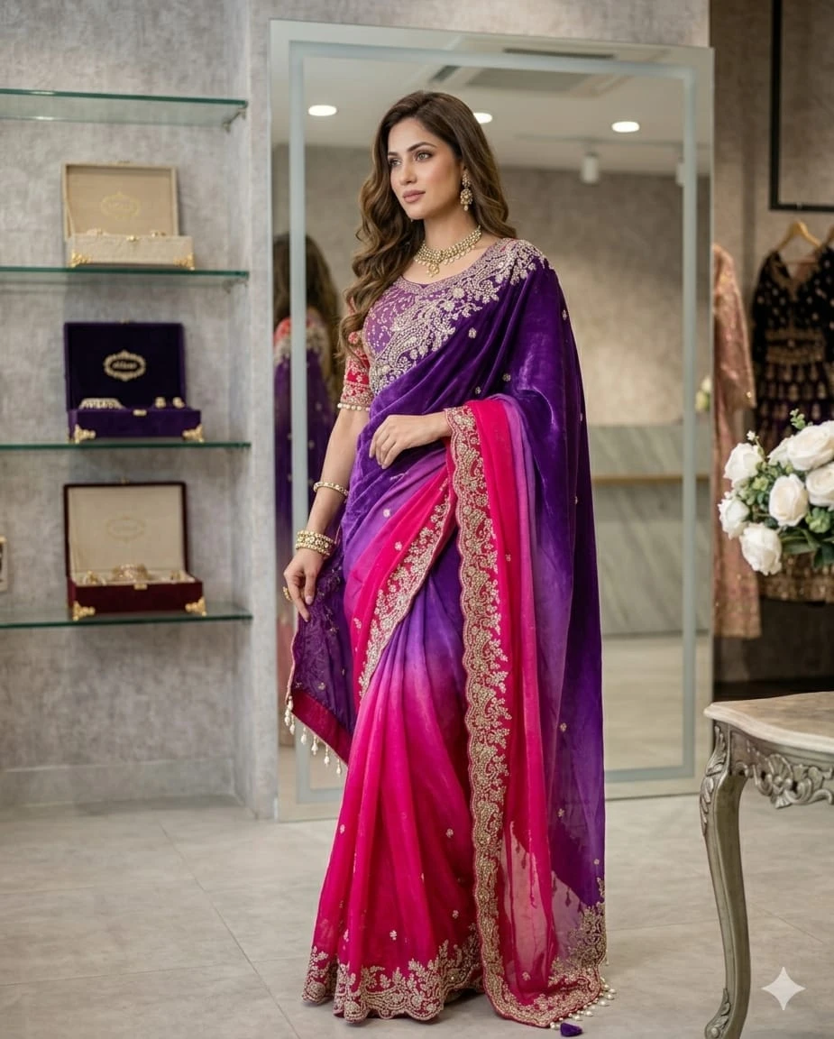 Fandy Two-Tone Purple & Magenta Padding Saree