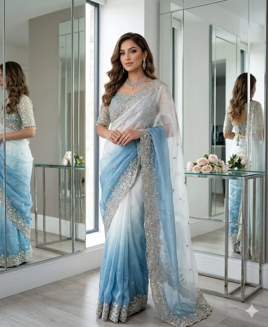 Fandy Two-Tone Ice Blue & White Padding Saree