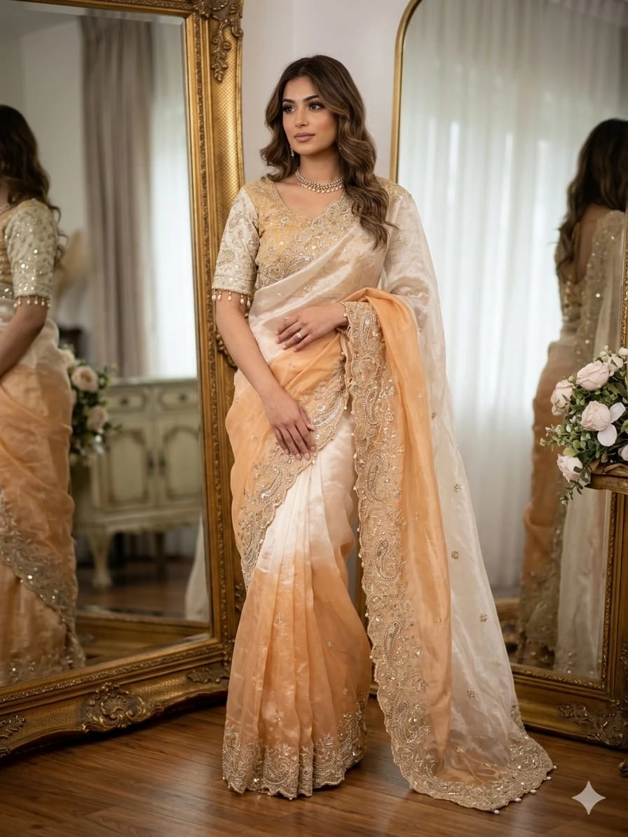 Fandy Two-Tone Peach & Cream Padding Saree