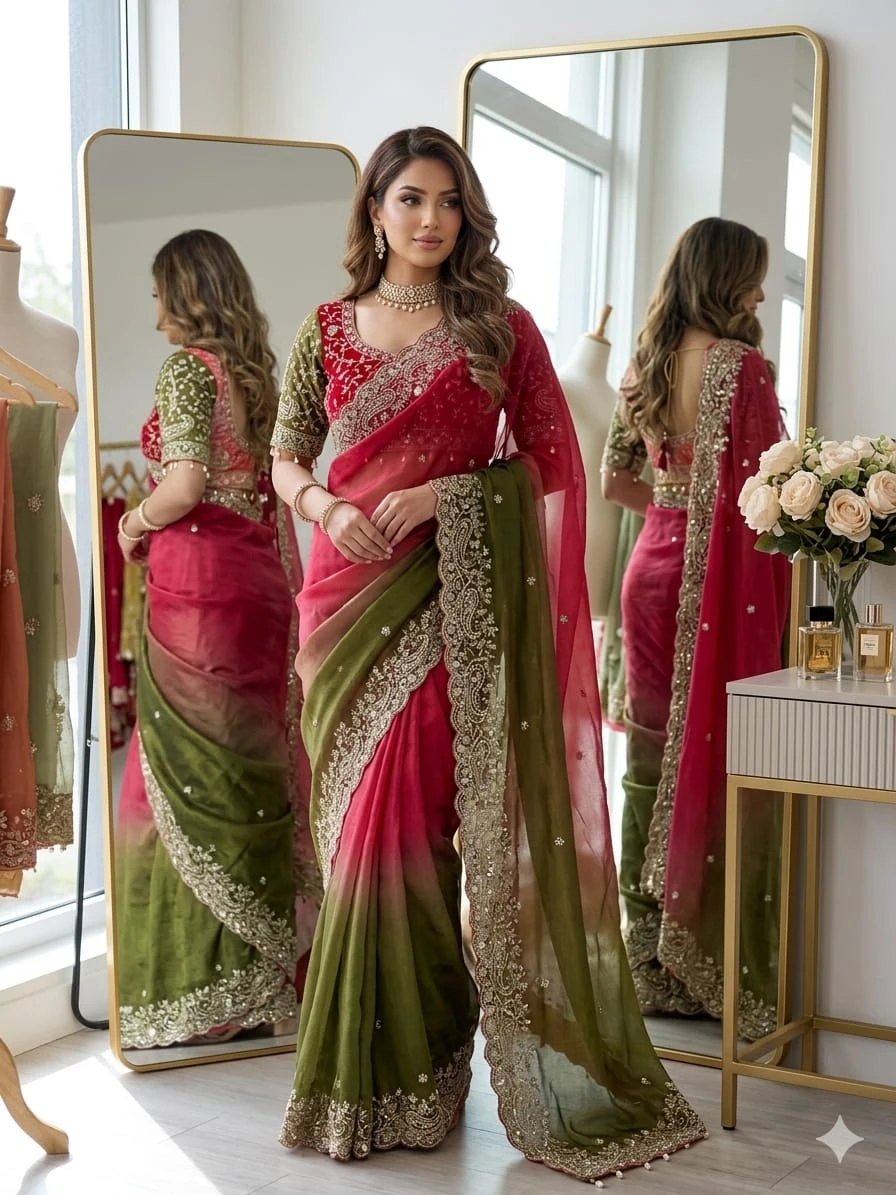 Fandy Two-Tone Pink & Olive Green Padding Saree