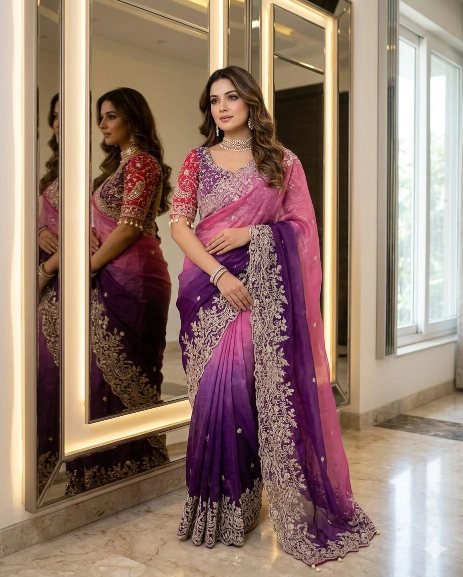 Fandy Two-Tone Purple & Pink Padding Saree