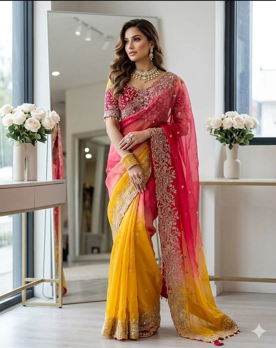 Fandy Two-Tone Yellow & Pink Padding Saree