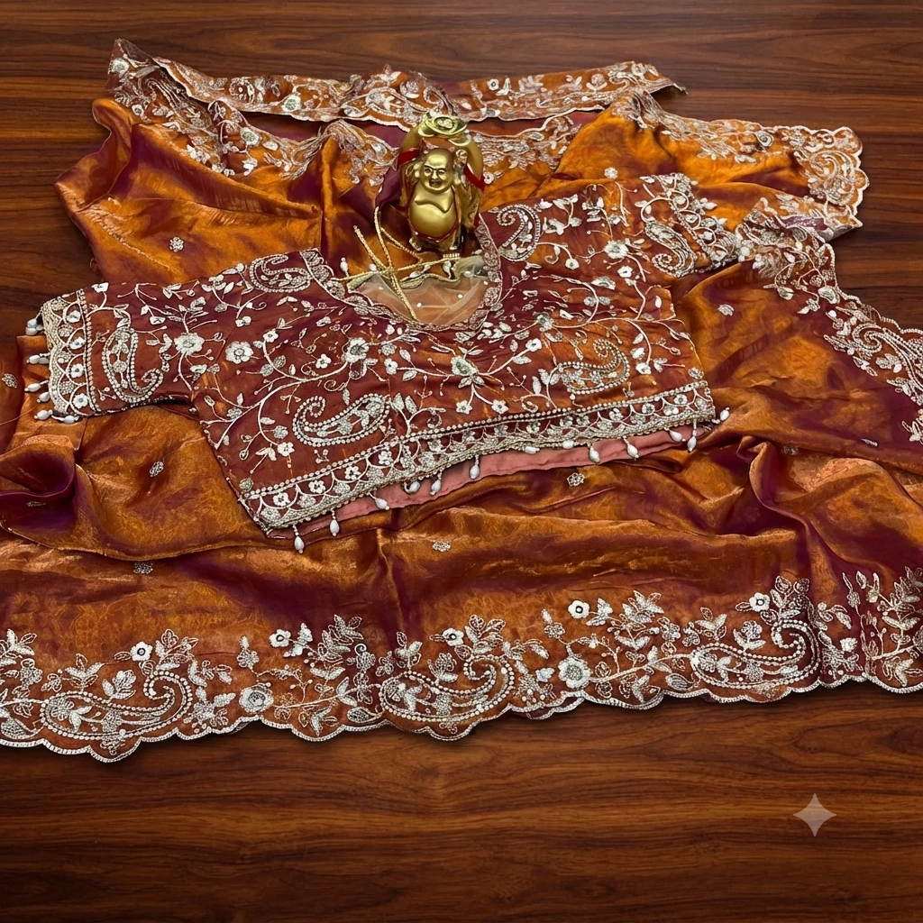 Rust Orange & Wine Fandy Embroidered Saree with Ready-Stitched Blouse