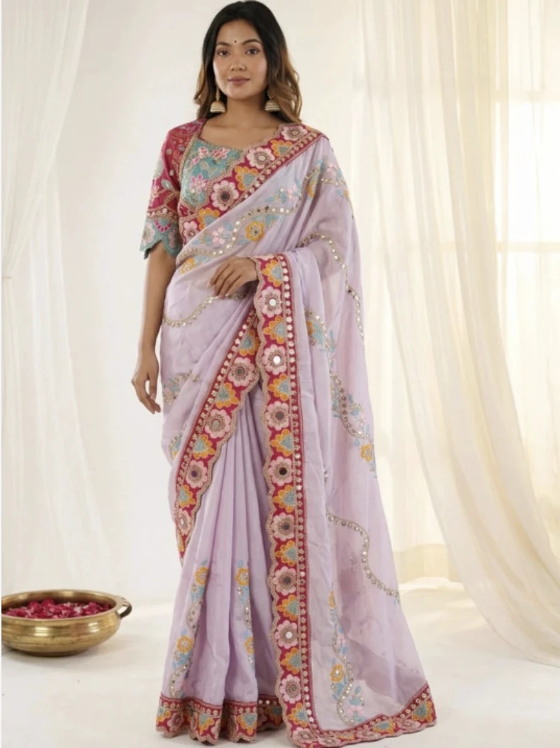 Designer Embroidered Bollywood Silk Blend Saree (Lavender)