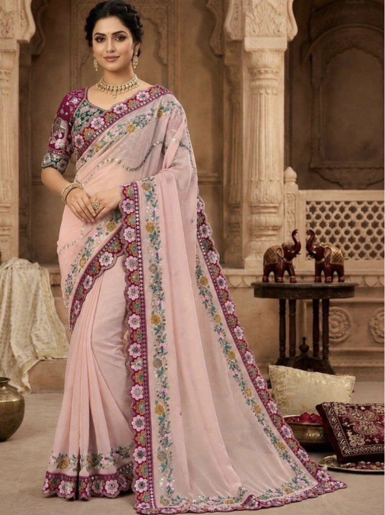 Designer Embroidered Bollywood Silk Blend Saree (Pink)