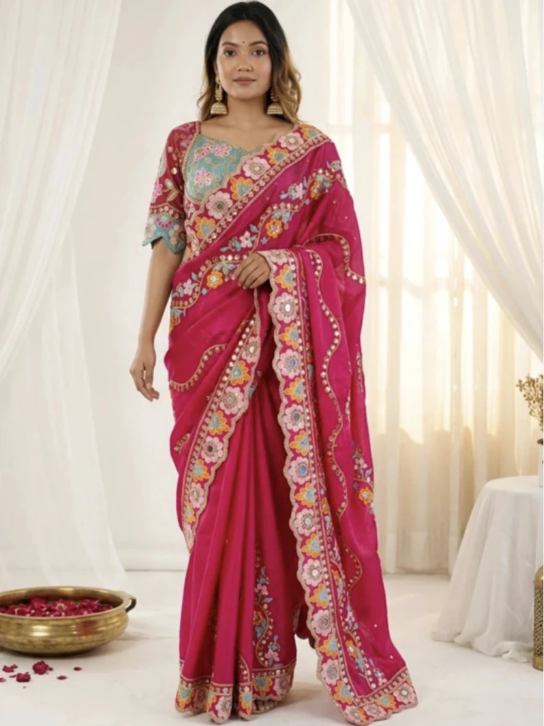 Designer Embroidered Bollywood Silk Blend Saree (Rani)