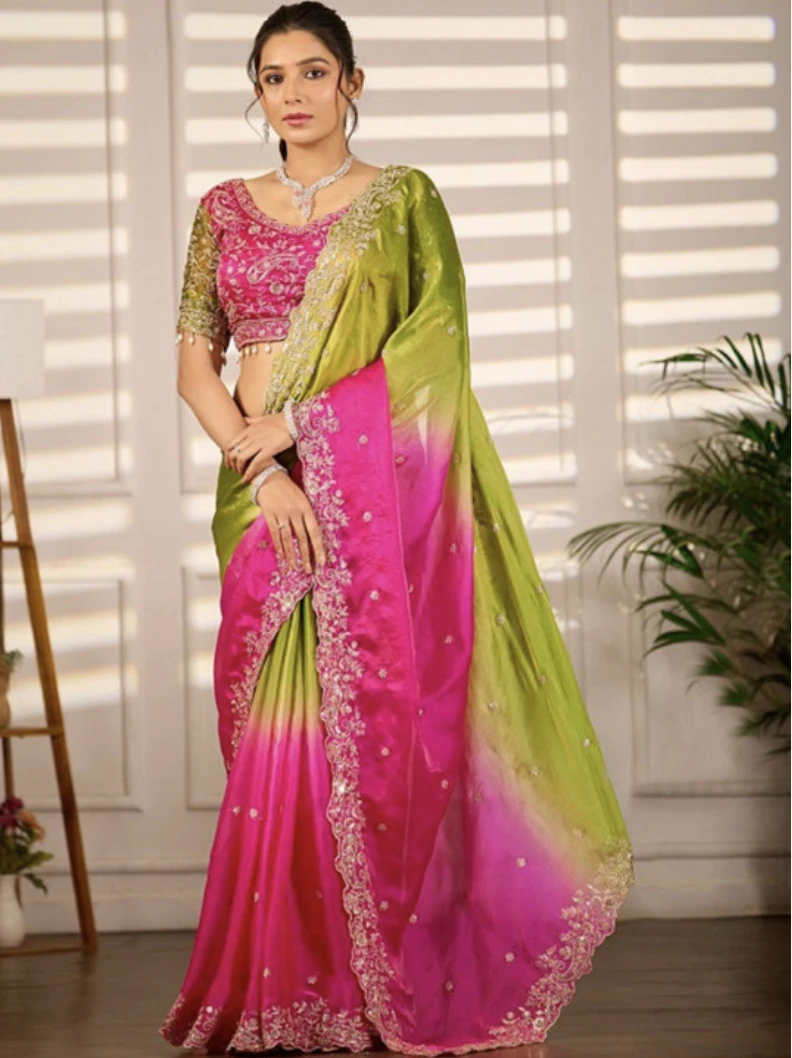 Fandy Two-Tone Green & Magenta Embellished Padding Saree